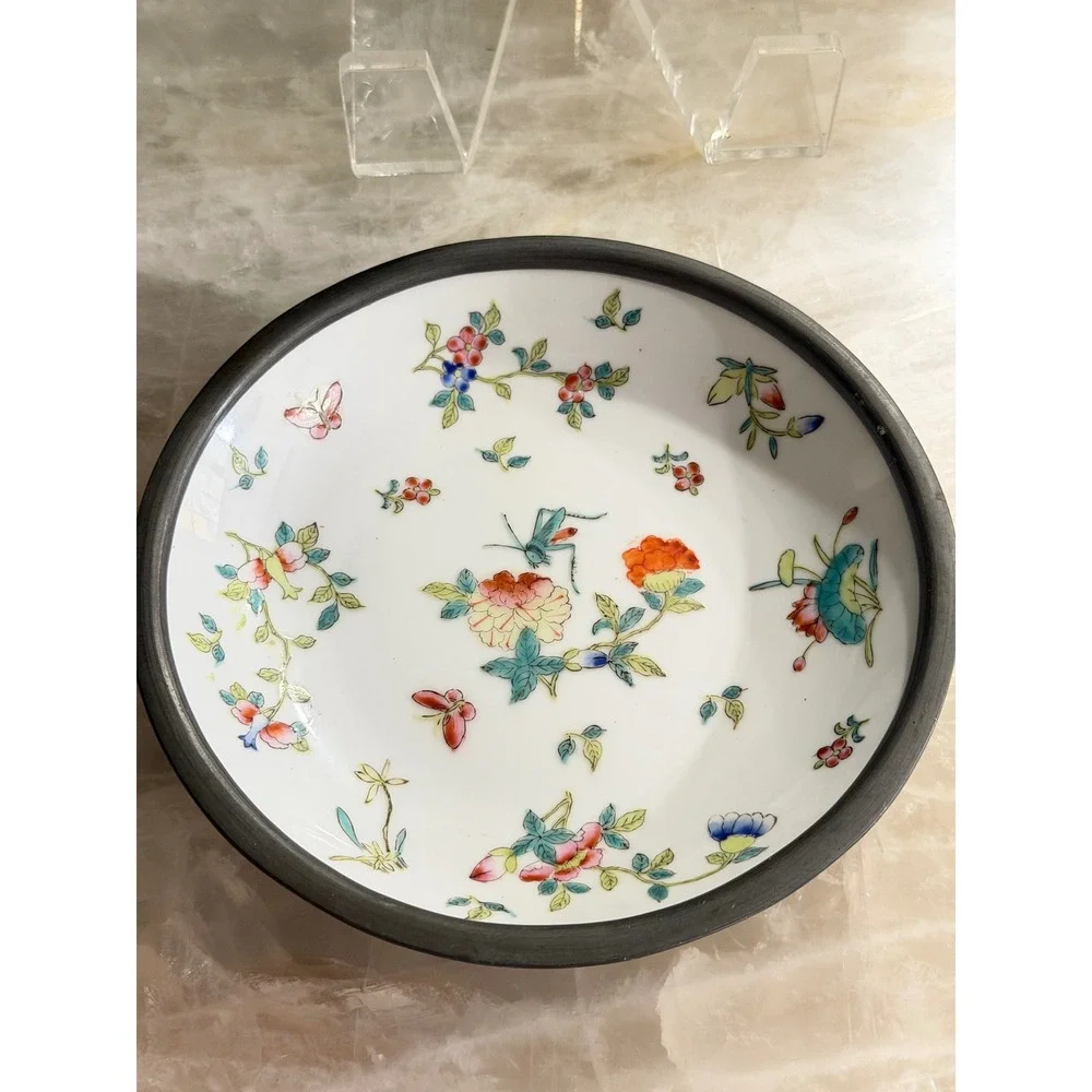 Vtg‎ Pewter Encased Porcelain Bowl Hong Kong Hand Painted Floral Butterfly 7.25